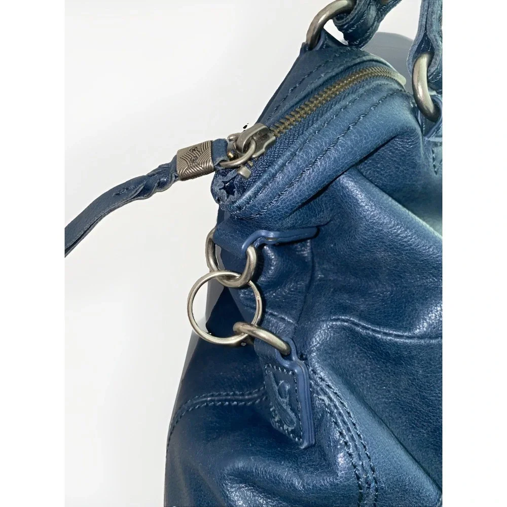 The Sak Blue Genuine Leather Multi Pocket Shoulder Foldover Bag Purse